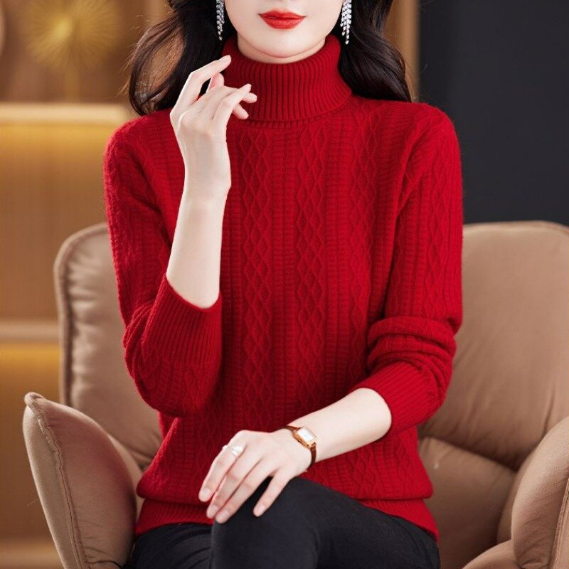 Кашемировый свитер, Женская осенне-зимняя водолазка, утепленный Свободный вязаный свитер, женский модный однотонный Повседневный джемпер