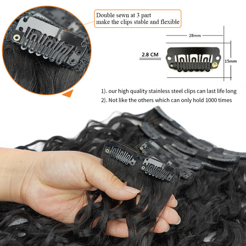 Veravicky Water Wave Human Hair Clip-In extensões, cabelo brasileiro, preto natural encaracolado, penteado ondulado, 20 ", 22", 140G, 10pcs por conjunto