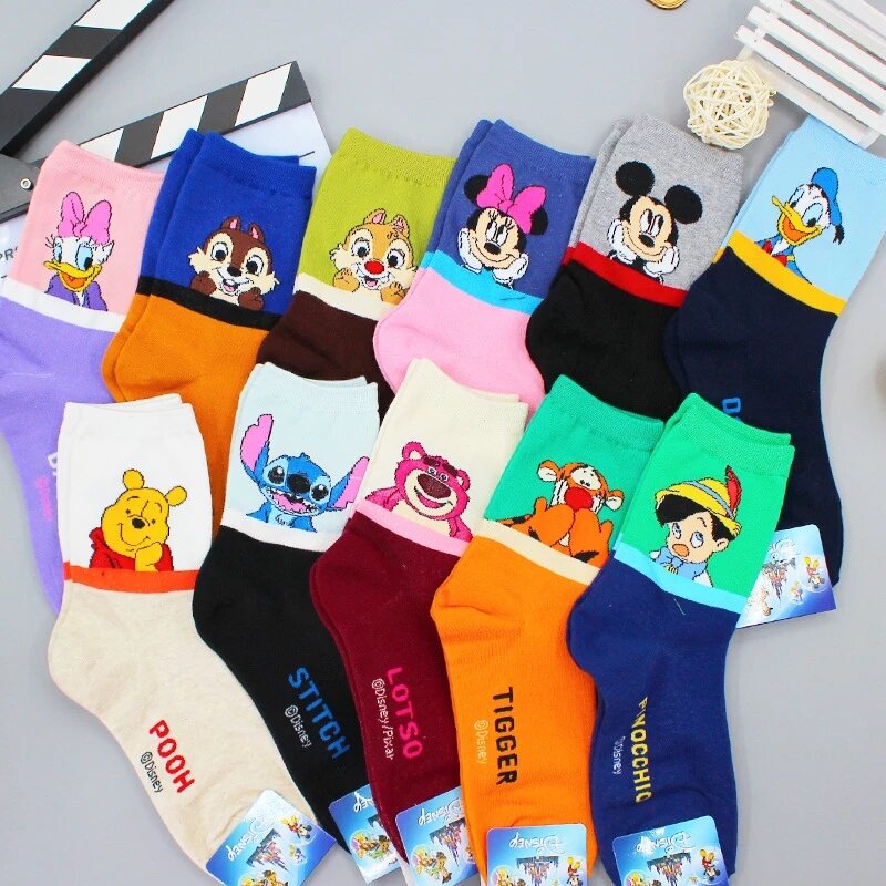 Disney-Mickey e Minnie impresso meias para mulheres, personagem bonito dos desenhos animados, esquilo e Winnie, meias médias