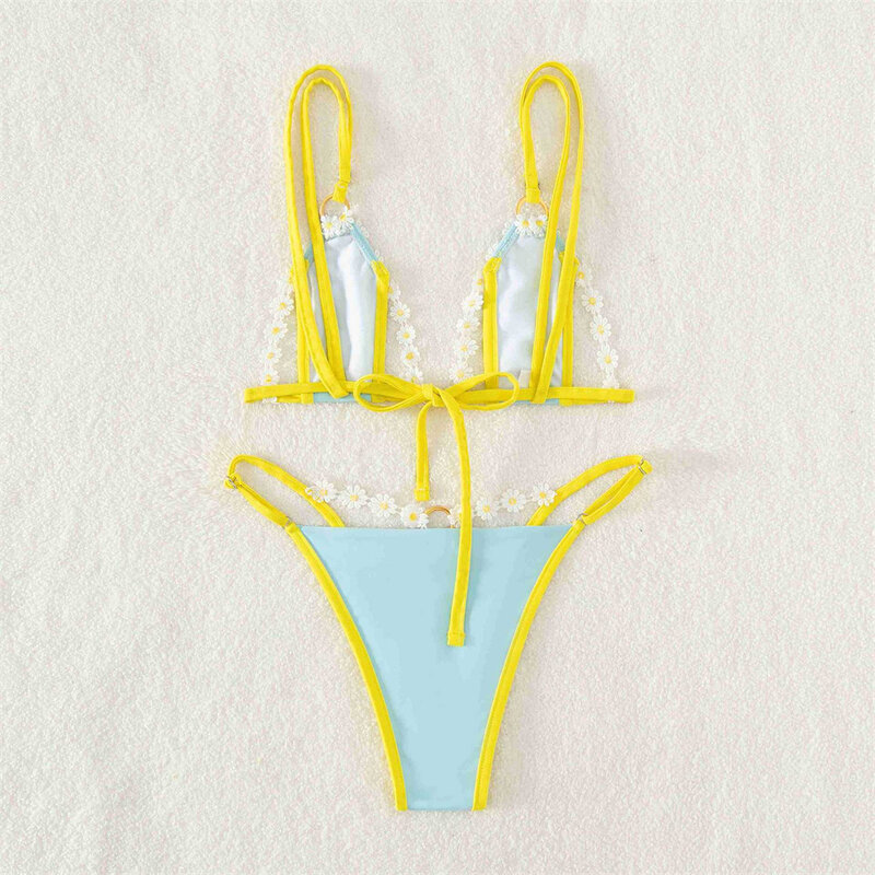 3d Bloemen String Bikini String Kant Rugloos Badpak Sexy Micro Triangle Swimwears Tweedelige Vrouwen Strand Badpakken