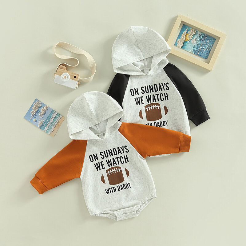 Newborn Infant Baby Boy Girl Hooded Sweatshirt Romper Football Season Bodysuit Patchwork Jumpsuits Casual Fall Baby Clothes