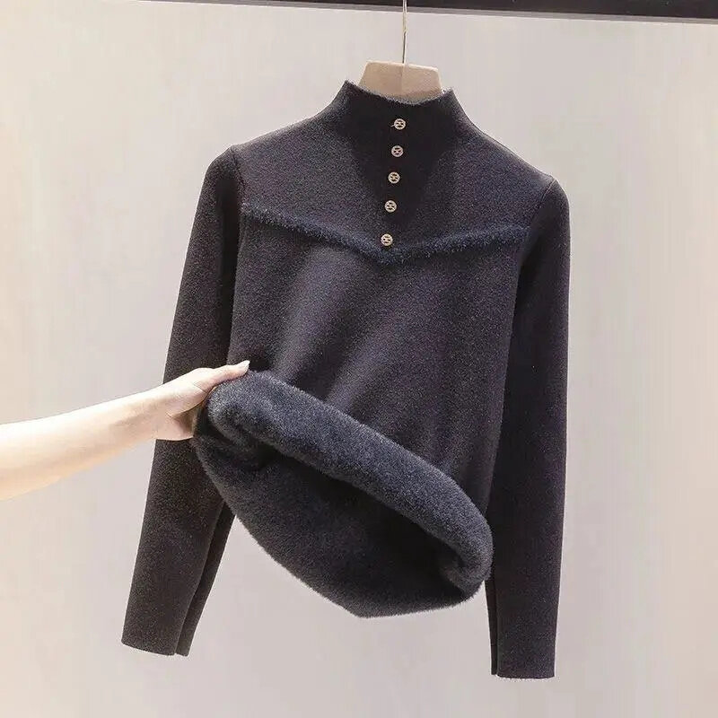 2023 New Women's Winter Lined Sweater Casual Thicken Warm Knit Tops Korean Slim Pullover Soft Velvet Knitwear Jumper