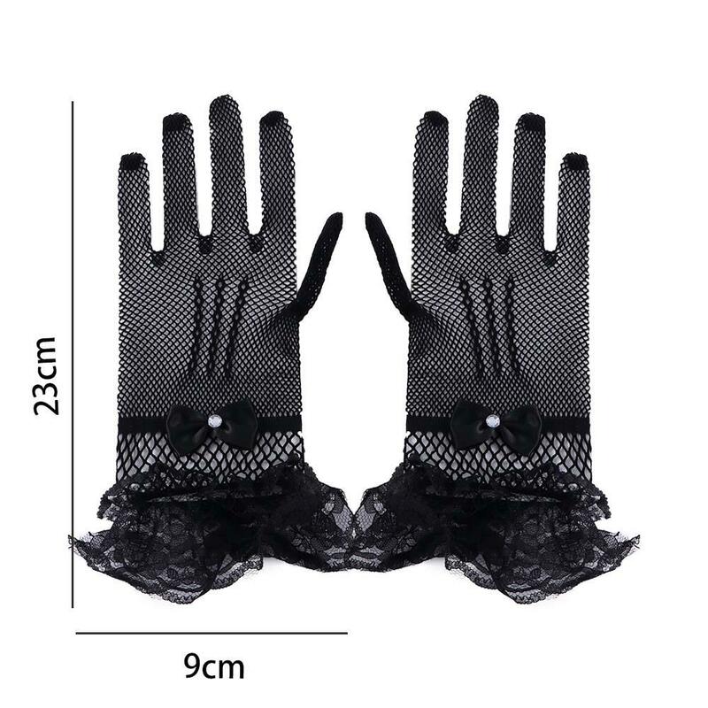 Korean New Sexy Lace Flower Gloves Women Elegant Hollow Fishnet Mittens Breathable Bow Crystal Anti-UV Driving Gloves