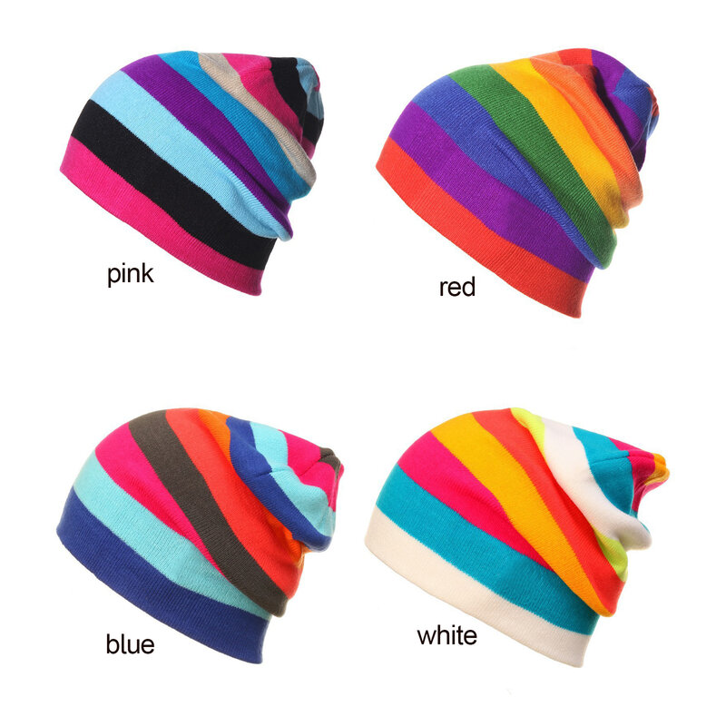 Winnter Hat Warm Lady Autumn Cap Knitted Rainbow Stripes Hats Comfortable Warmer Bonnet Soft Female Beanie Caps For Unisex