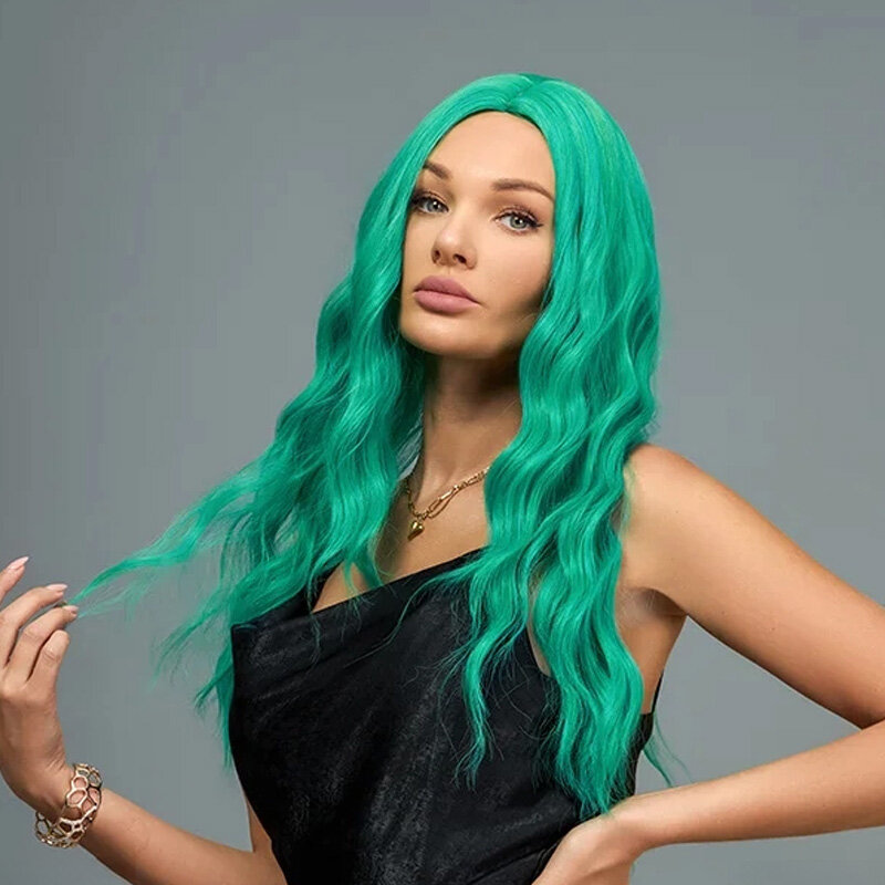 Женский Длинный вьющийся синтетический парик SNQP, 26 дюймов, зеленый парик для ежедневного косплея, используется термостойкая дышащая повязка на голову