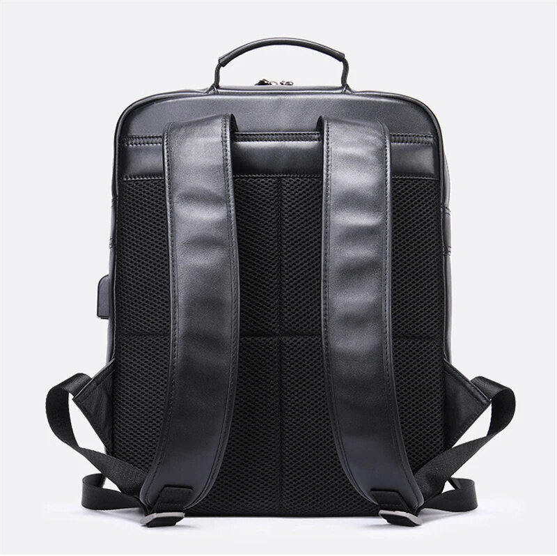 High Capacity Leather Backpack Real Cowskin Computer Bag Black Men's Genuine Laptop Backpacks 13 14 inch daypack school