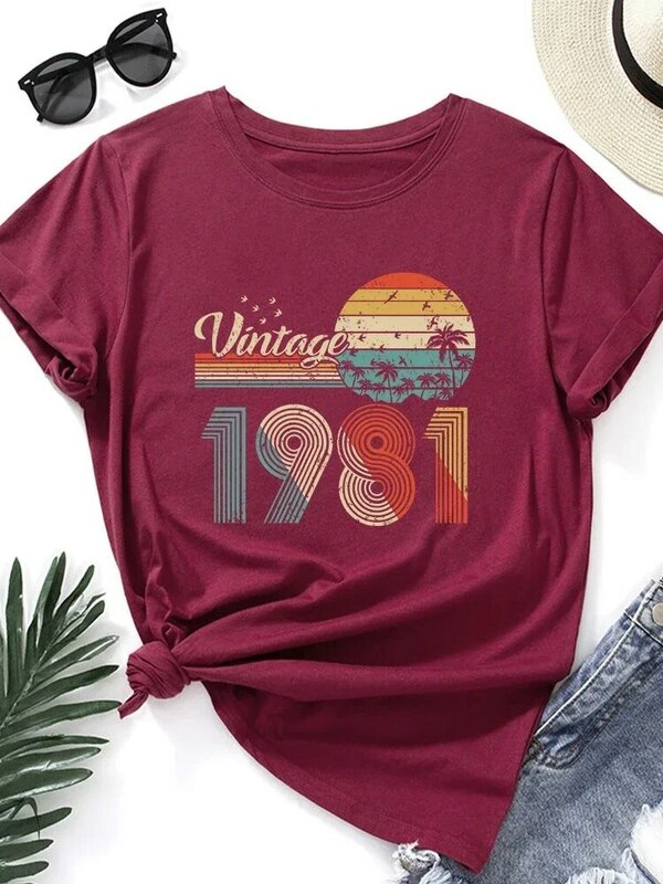 Camiseta estampada Vintage 1981 feminino, mangas curtas, tops de algodão, gola O, camiseta feminina solta, roupas de streetwear