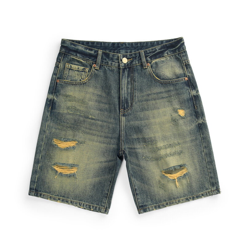 Summer Short Jeans Men Denim Shorts Loose Fit Wide Leg Hip Hop Distressed Hollow Out Men's Shorts Knee Length Pants Vintage