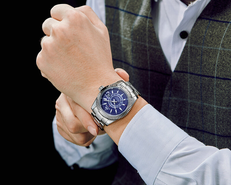 Montre mécanique automatique pour homme, bracelet en acier inoxydable, or rose, argent, bleu, date, ciel de luxe, 40mm