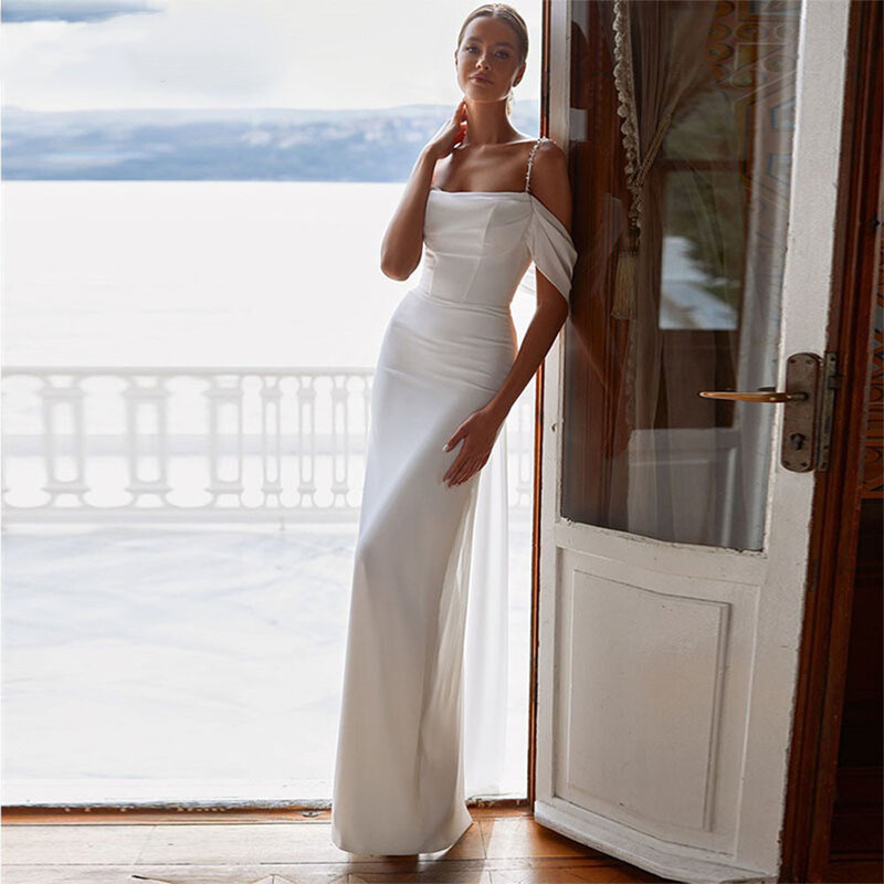 LSYX 심플 스파게티 스트랩 시스 웨딩 드레스, 바닥 길이 리본 슬릿 백 신부 가운