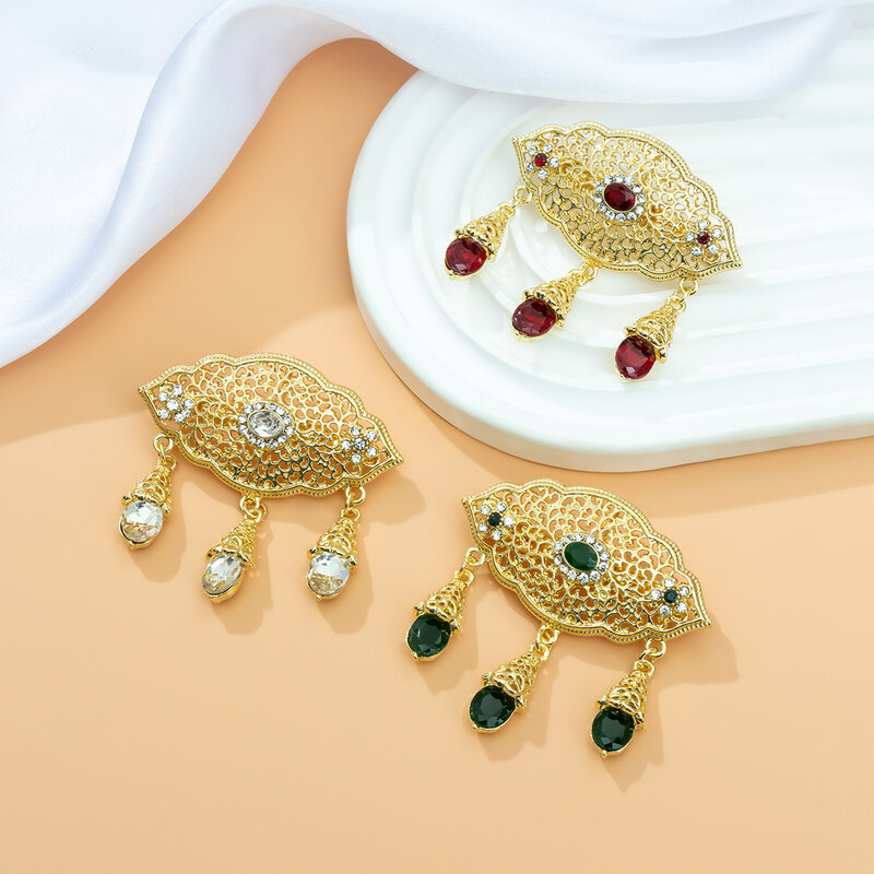 Broche en biscuits en forme de fleur pour mariée, bijoux en métal plaqué or, épingle en cristal de couleur rouge, mariage marocain, cadeau de bijoux de corintersection