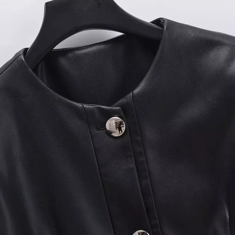 Женская Осенняя куртка, женское винтажное пальто из искусственной кожи, модное черное пальто из искусственной кожи с круглым вырезом и длинным рукавом, женские повседневные топы, одежда