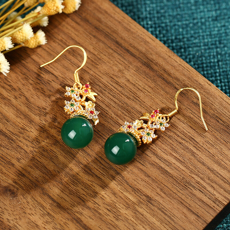 Palace Style Accessories Ancient Gold Flower Cluster Natural Chalcedony Earrings Wholesale Stall
