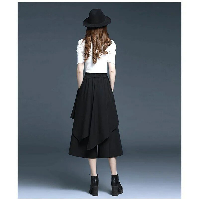 Черные широкие брюки с эластичным поясом, новинка весны и лета, повседневные брюки в стиле ретро, женские свободные облегающие укороченные брюки, юбка