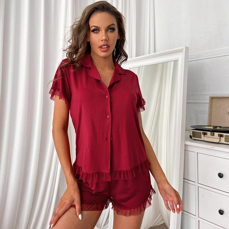 Summer Lace Red Pajama Sets Women Sleepwear Short Sleeve Cardigan Shorts Loungewear Nightwear Single-breasted Two-piece Suits