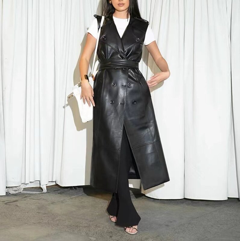 2024  New Style Women's Fashion Double Breasted Buckle Long Genuine Sheepskin Leather Coat  Windbreaker