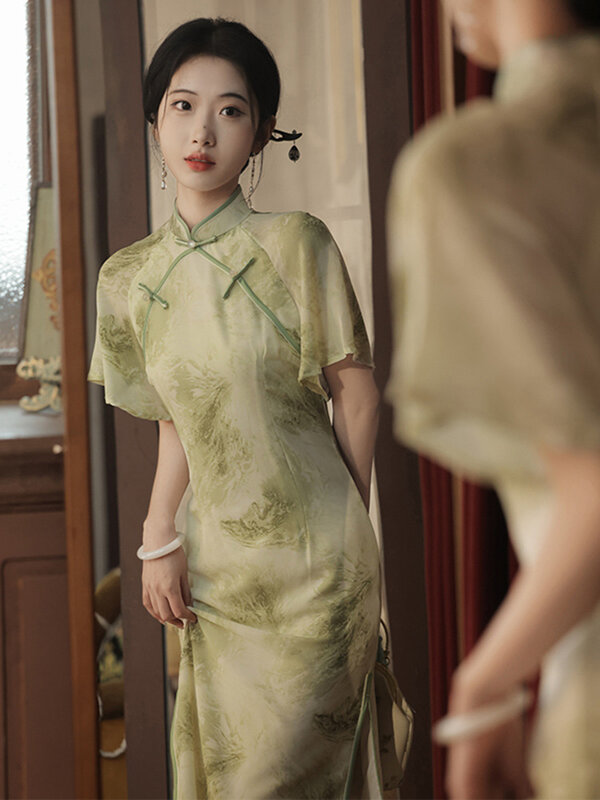 Cheongsam largo de verano para mujer, Qipao verde, fresco, diario, elegante, ajustado, fiesta