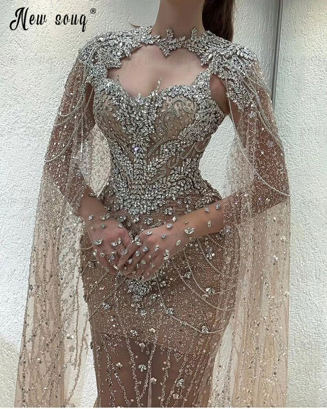 Illusion manica lunga mantello abiti da ballo Champagne cristalli abito da festa di nozze Chic perline abito da sera formale Robes De Soirée