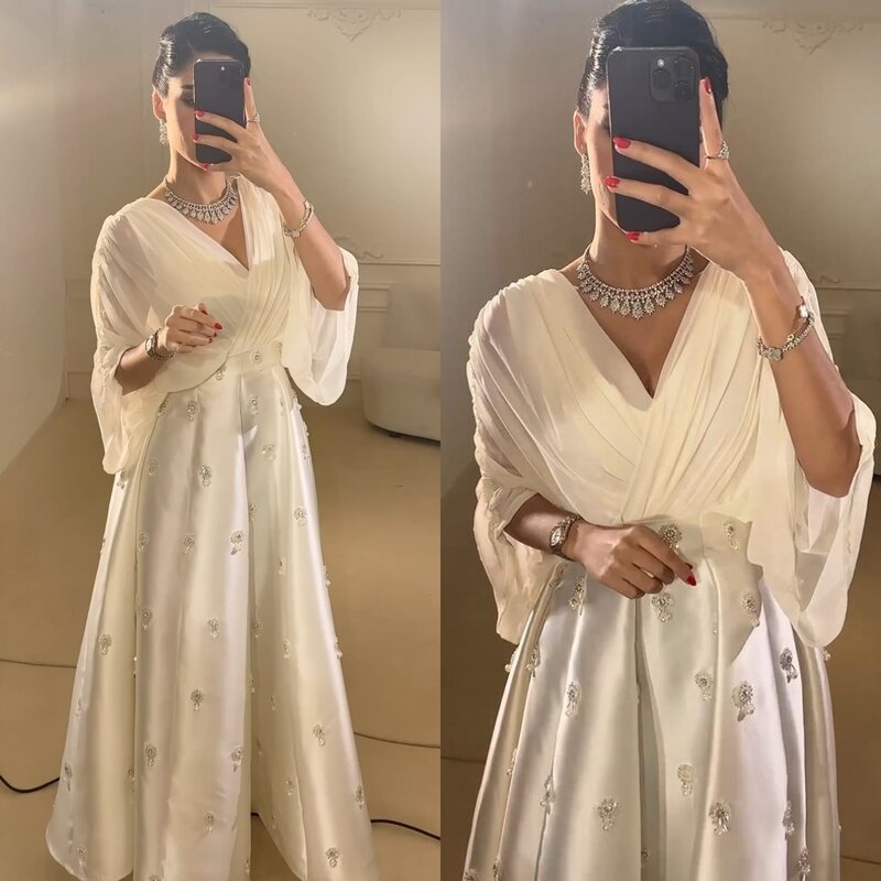 Prom Dress Saudi Arabia Satijn Kralen Gedrapeerde Plooi Kerst A-Lijn V-Hals Op Maat Gemaakte Gelegenheid Jurken Op De Grond
