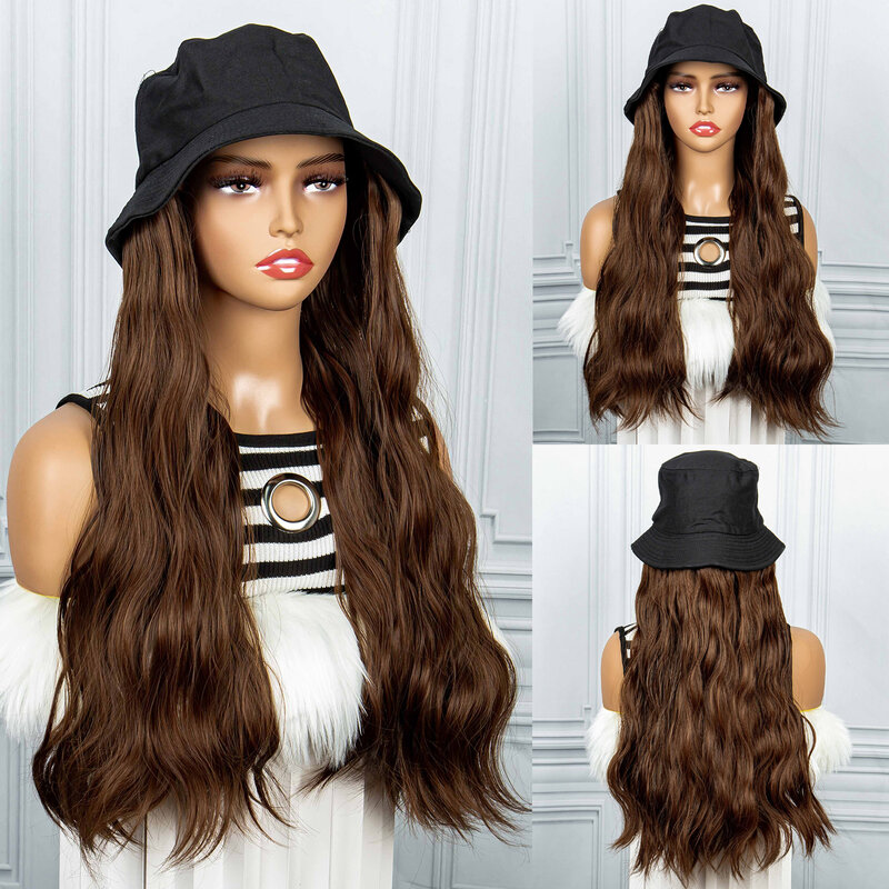 Wig With Bucket Hat Cap Natural Wave 22 Inch Water Wave Wavy Synthetic Hair Extension Cap With Hair Wig For Girls Women
