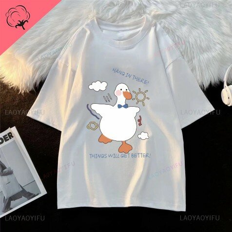 Fun big white goose print top personality fashion comfortable short sleeve T-shirt men and women street wear crewneck clothing
