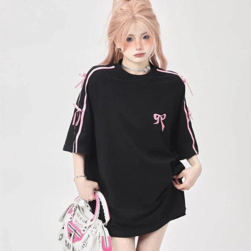2024 estate nuovo Y2K coreano fiocco sciolto nero a maniche corte t-shirt femminile Design senso nicchia Ins dolce e piccante ricamato Top