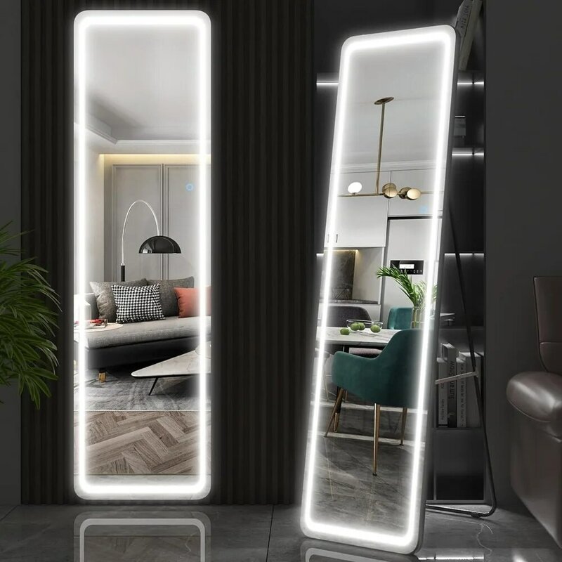 Pełnowymiarowe lustro podłogowe LED lustro o pełnej długości, lustro w sypialni o pełnej długości z trybami ściemniania i 3 kolorami, 63 cale x 16 cali