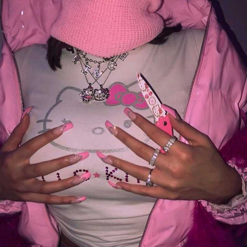 Y2k Hello Kitty Sanrio Kalung dengan Rantai Logam Campuran Kristal Perak Wanita Jimat Berlian Buatan Goth Liontin Perhiasan Hadiah Hari Valentine