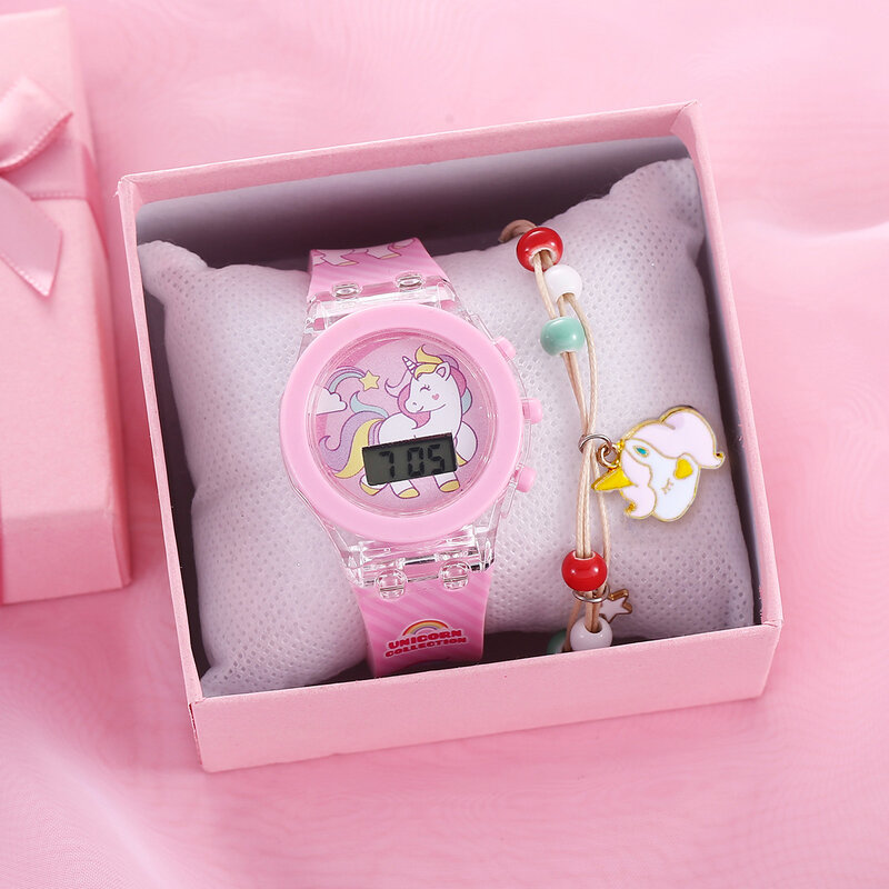 유니콘 소녀 시계, 팔찌 상자 포함, 실리콘 스트랩, 플래시 라이트, 어린이 시계