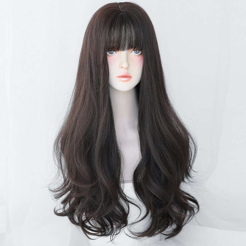 7JHH-Peluca de cabello sintético para mujer, postizo de pelo marrón oscuro con flequillo limpio, ondas de cuerpo suelto, uso diario, alta densidad