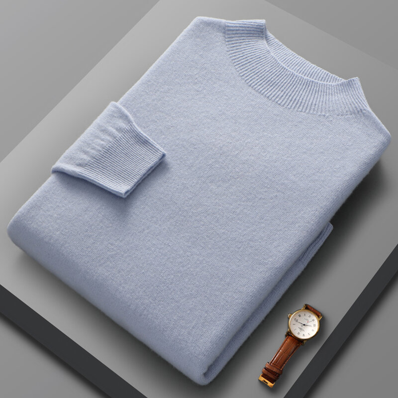 남성용 하이넥 니트 스웨터, 긴 소매 풀오버, 기본 단색 상의, 순양모, 캐주얼 패션, 100%