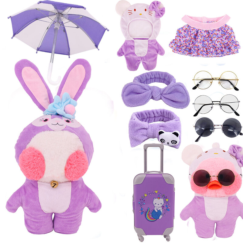 Lalafanfan-ropa de animales de felpa serie púrpura, 30Cm, pato amarillo, lindo vestido, suéter, sombrero, uniforme, accesorios para la cabeza, regalo DIY