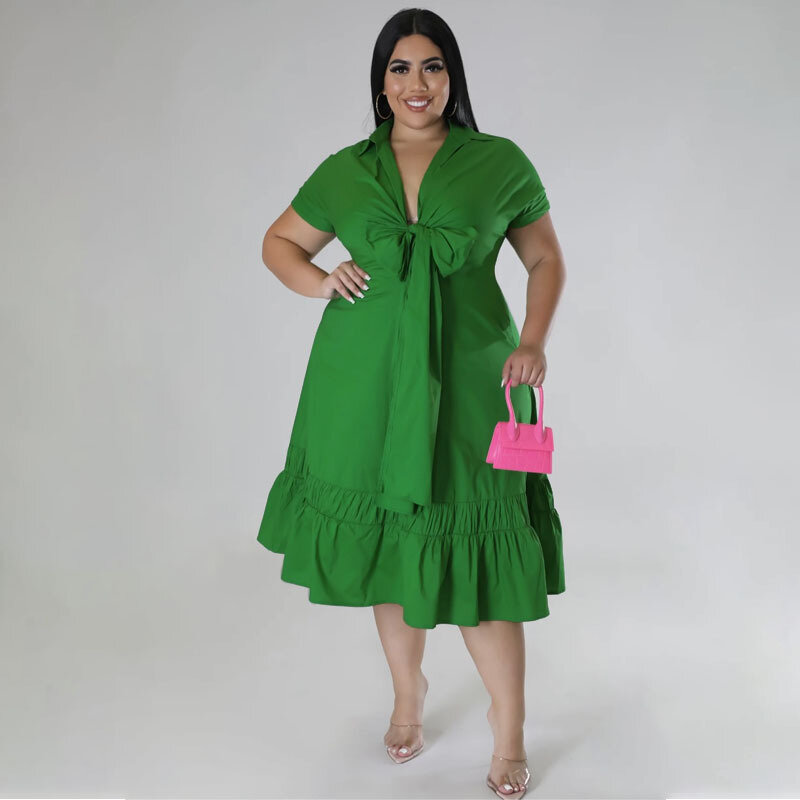 Gaun Ruffles kasual ukuran Plus gaun setengah Hem jamur Lace Up lengan pendek leher V XL-5XL gaun Streetwear kasual wanita Vestidos 2023