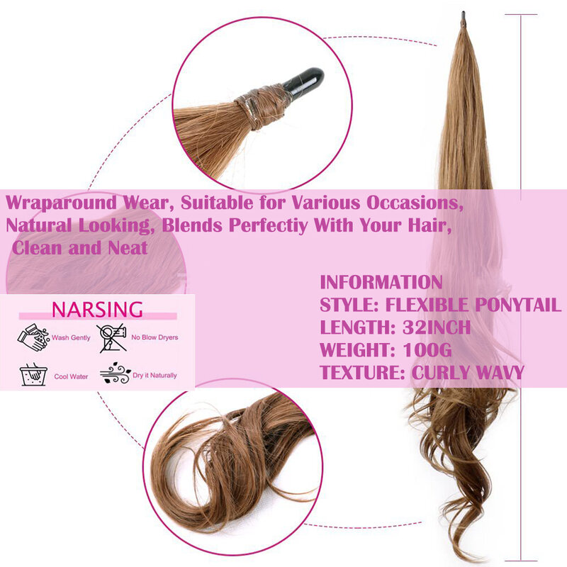 Cauda de cavalo sintética para mulheres, camada longa, flexível, envoltório, cauda falsa, extensões de cabelo, peruca encaracolada natural, 32 polegadas