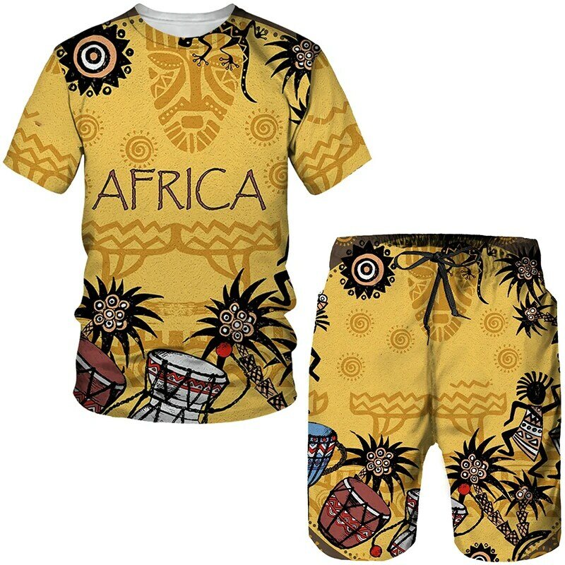 Afrykańskie etniczne zestaw koszulek dres plemiona 3D drukowane spodnie z krótkim rękawem 2-częściowa garnitur Casual odzież sportowa oversize odzież męska