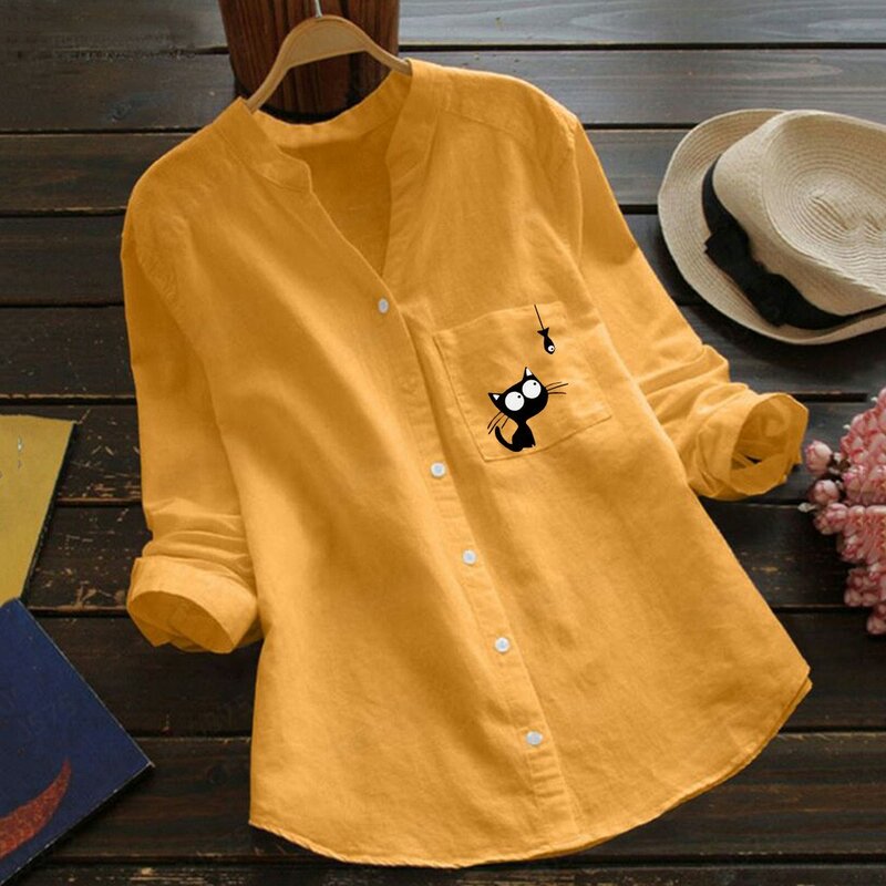 New Women Shirt Cat Printed Pocket Cotton Linen Blouse V- Neck Casual Long Sleeve Shirt Button Down Top Clothes Chemise Femme