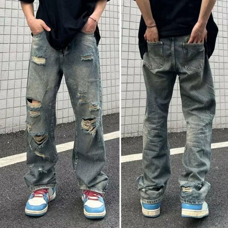 Calças jeans de perna larga para homens, calças compridas, perna larga, solta, hip hop, streetwear, casual, de comprimento total, retrô