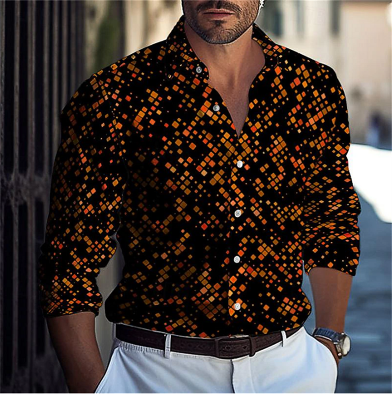 男性用長袖シャツ,幾何学模様,柔らかく快適,スタイリッシュ,チェック,高品質,特大,日常着,XS-6XL