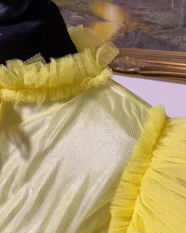 SERENDIPIDTY vestido de fiesta amarillo clásico, vestido de moda Simple con volantes de tul, capa de encaje, cuello redondo, hasta la rodilla, talla grande