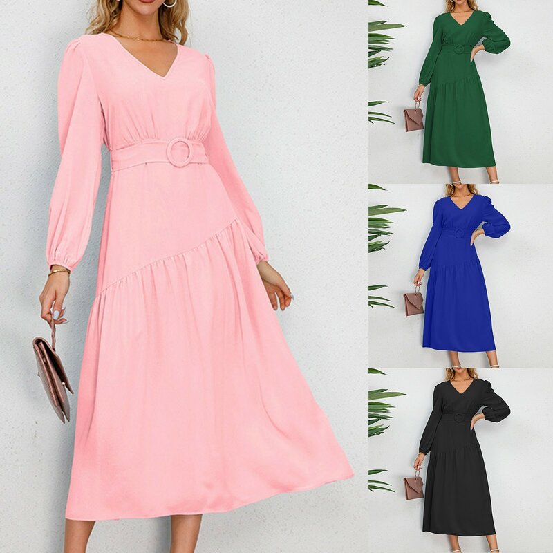 Damen V-Ausschnitt einfarbig Schnür kleid einfarbig schlankes Kleid Sommerkleider mit langen Ärmeln Kittel kleider
