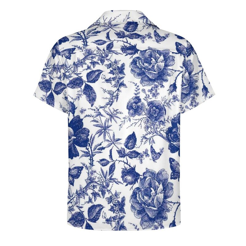 Camisa de praia borboleta masculina, vintage, flor azul havaiana, casual, blusas estéticas, tops estampados de manga curta, tamanho grande