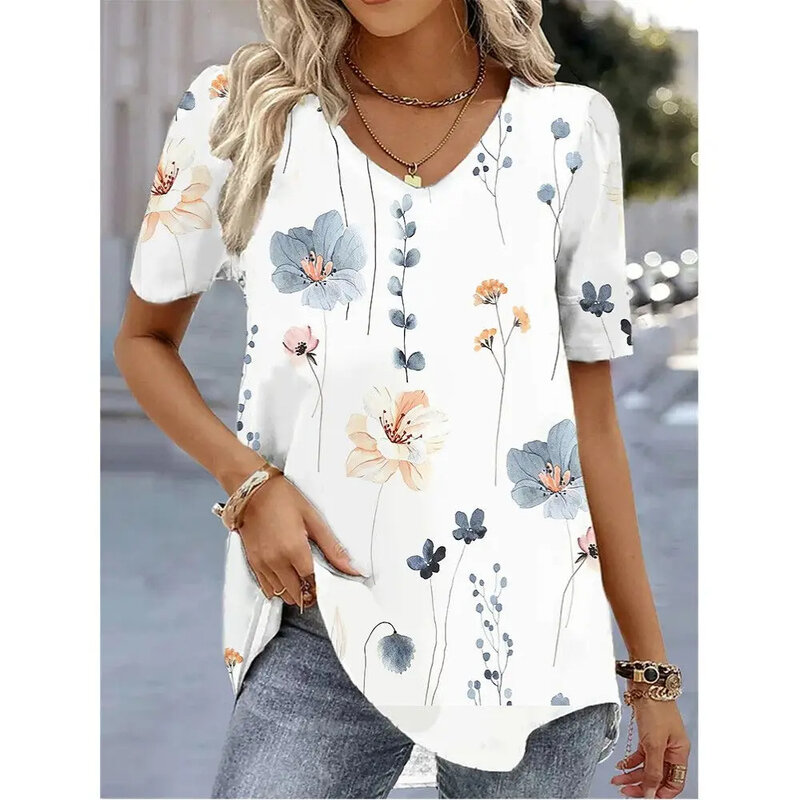 Fashion blus wanita T-shirt 2024 wanita 3d bunga cetak putih Kawaii V-neck T Shirt pakaian wanita ukuran besar musim panas atasan Tee