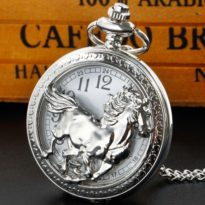 Wykwintny biegnący koń kwarcowy zegarek kieszonkowy srebrny naszyjnik łańcuszek Hollow Half Hunter wisiorek Steampunk szkielet zegarek Fob Reloj