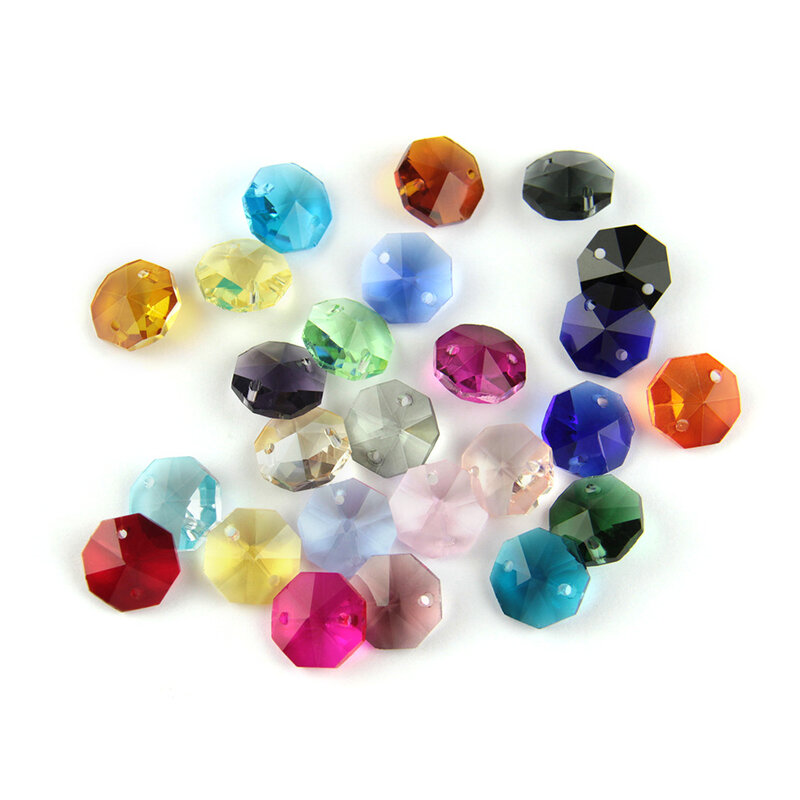 10pcs 14mm 1 Hole/2 Holes Colorful Glass Crystal Octagon Prism Beads For Crystal Lighting Chandelier Parts Wedding Party