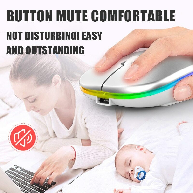 Mouse nirkabel Bluetooth 2.4G portabel, Mouse nirkabel USB, komputer, pengisian daya bercahaya