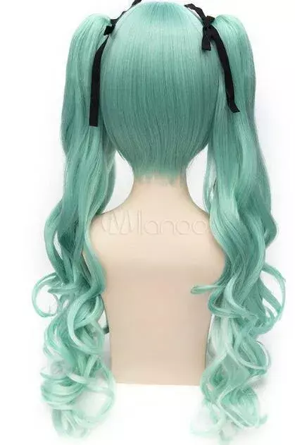 Wig rambut sintetis Harajuku wanita, rambut palsu panjang hijau muda keriting Lolita
