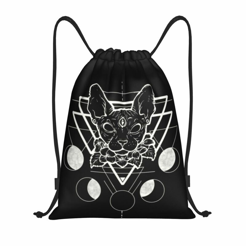 กระเป๋าหูรูดรูปแมว Sphynx แม่มดสำหรับผู้ชายและผู้หญิงกระเป๋าเป้ใส่ของไปยิมเล่นกีฬาลายลูกแมวฮาโลวีนน้ำหนักเบา