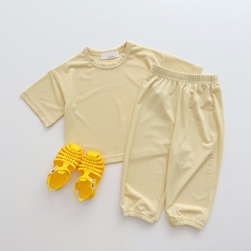 어린이 반팔 가정 의류 세트, 단색 아기 소녀 티셔츠 및 바지, 세트 유아 소년 얇은 캐주얼 의상, 여름 신상, 2 개