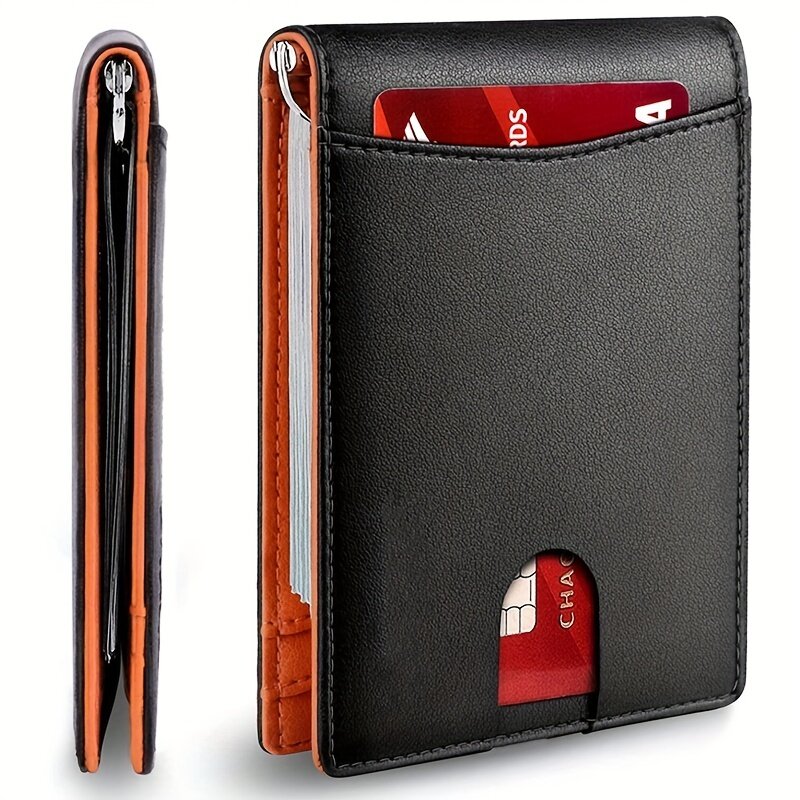 男性用の薄い革製財布,男性用のクレジットカードクリップ付きの薄いウォレット,RFIDロック付き