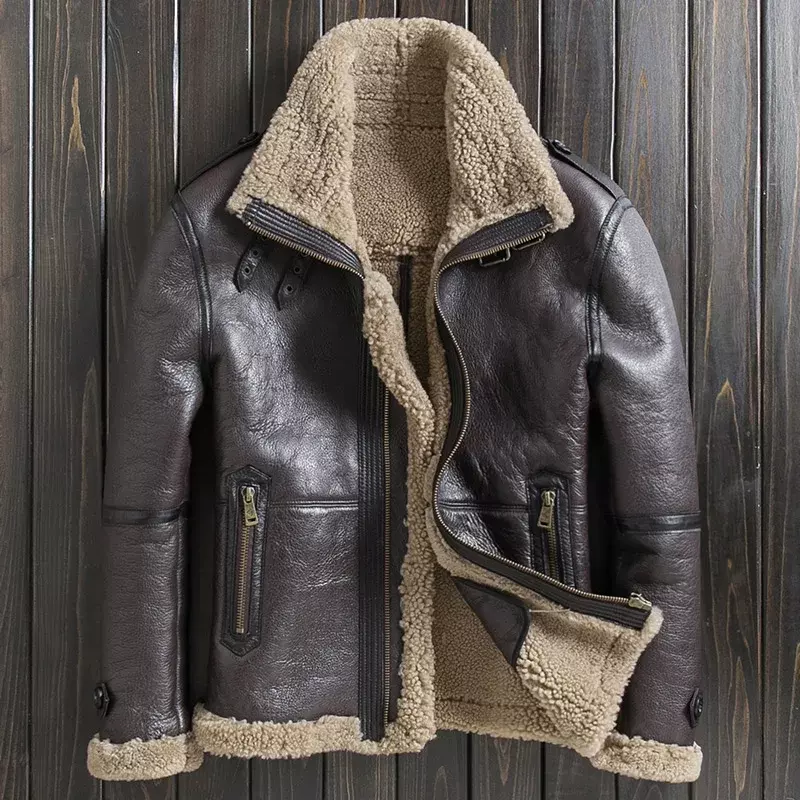 Jaket kulit asli untuk pria, mantel kulit asli kerah Flip besar pendek, jaket bulu Narutal baru musim dingin untuk pria
